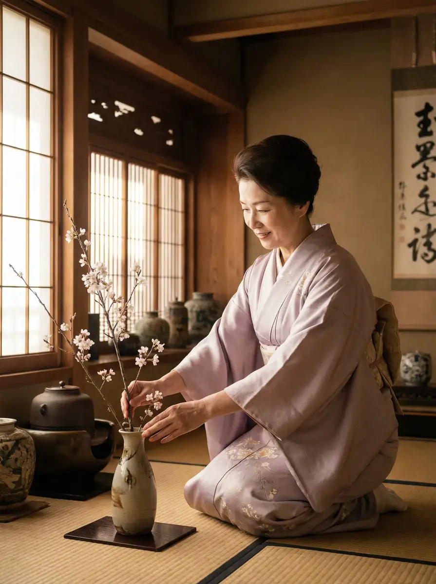 一位优雅的 好莱污 在和室中插花